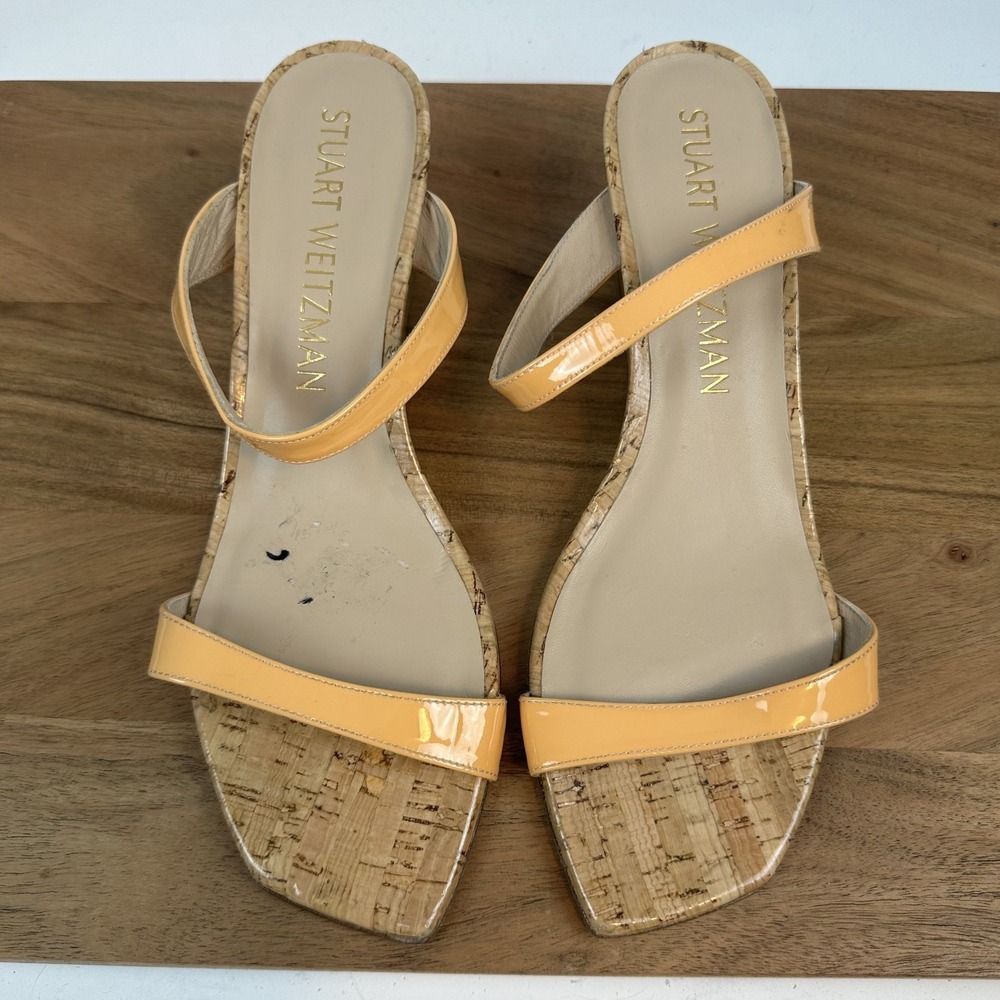 Womens Stuart Weitzman Aleena 50 Orange Patent Leather Cork Wedge Sandal Size 11
